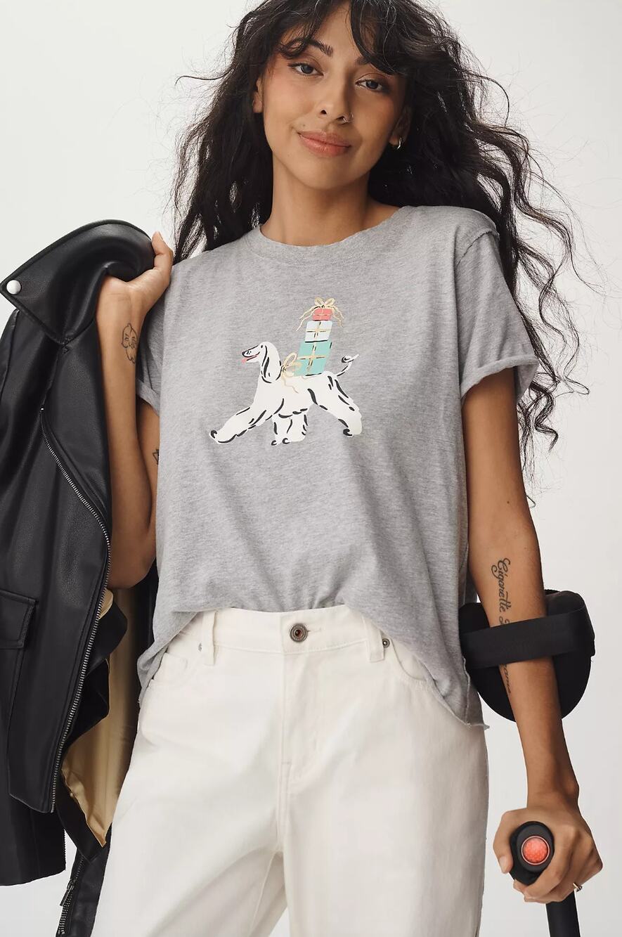 Maeve Anthropologie Krissy Christmas Dog Graphic Shirt XS Raw Hem Distressed